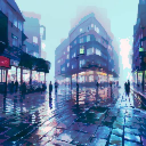 colorful umbrellas, wet cobblestone streets, towering skyscrapers, shimmering reflections in puddles, misty neon lights, people huddled under awnings, rain-soaked flowers, silhouettes of city dwellers with umbrellas, cascading water droplets on windows, a foggy skyline