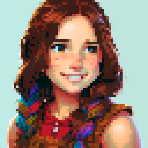 stardew valley-inspired, woman, pixel art, sRGB, vibrant colors, rustic backdrop, braided hair, glowing skin, gentle smile, freckles, rosy cheeks