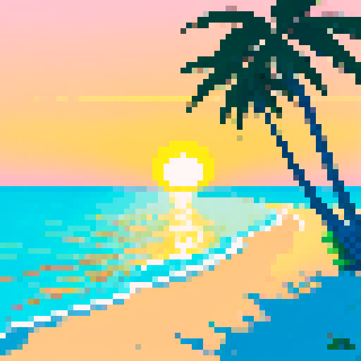 Palm trees swaying in the warm breeze, crystal clear ocean water lapping at the sandy shore, and a sunrise with the sun halfway behind the horizon.