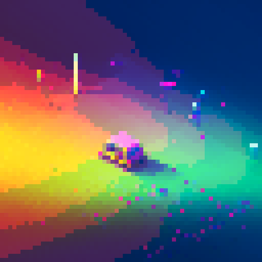 Pixelated stick figures race across a glitchy, neon landscape, leaving trails of rainbow-hued exhaust behind them.