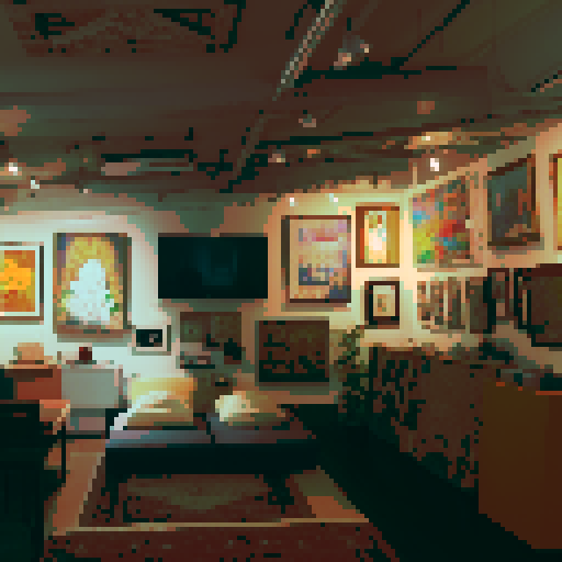a cozy art gallery with several paintings in view