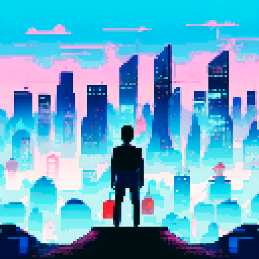 Silhouette of a sleek figure standing on the edge of a skyscraper roof, overlooking the neon-lit cityscape below, against a starry sRGB pixel art background