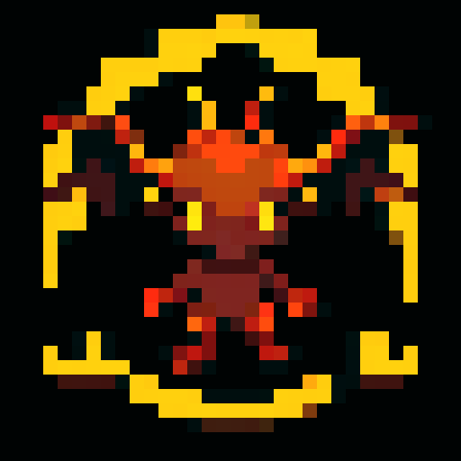 small, demonic creature, tiny horns, bat-like wings, dark red skin, glowing yellow eyes, mischievous grin, long, pointed tail, pixel art, sRGB