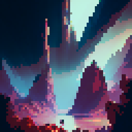 Pixelated, blocky, and retro. Show Steve traversing through a vast, mountainous landscape, with towering cliffs, deep valleys, and a flowing river.