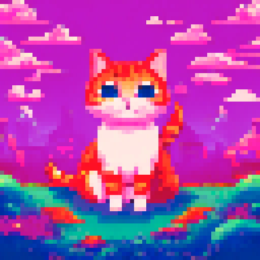 cute pixelated cat, vibrant colors, playful expression, big round eyes, animated whiskers, tiny paws, detailed fur texture, lively background, retro video game aesthetic, sRGB, pixel art