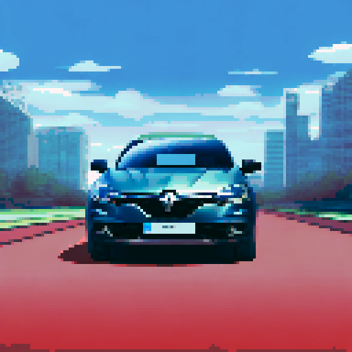 Photorealistic whole Renault Megane, centered, three-quarter view, right front wheel, clean background, sRGB colors, pixel art style