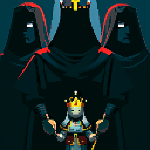 three men, king and his retinue, crown, light at the kind, dark place, king with sword, cant see eyes, eyes darken