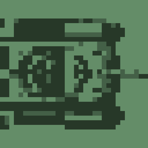 top-down view, pixel art, tank, large turret, noticeable treads, camouflage color scheme, greens and grays, blocky design, retro style, detailed armor plating, barrel