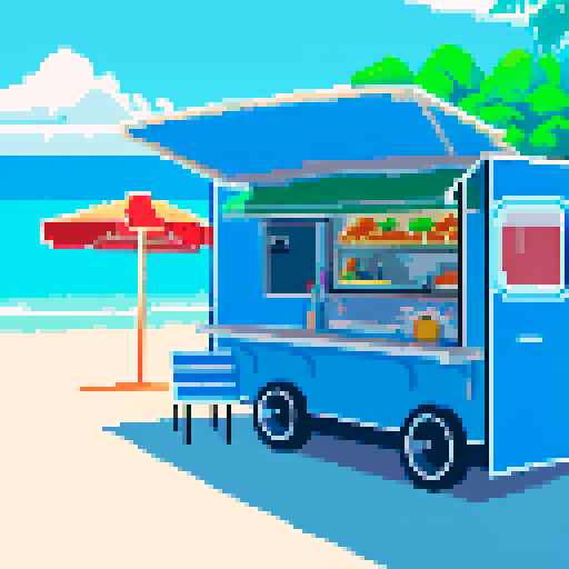 Vacation beach with a long stretch of road behind it, food cart