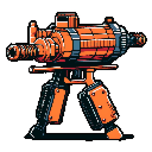 I want to see a simple minigun with 8 barrels floating in the center of the frame. It should have strange mechanical details that could interlock with others. I want this object usable an asset in a videogame, meaning only one object per image, outlined with a strong black stroke, on a solid-color background. 