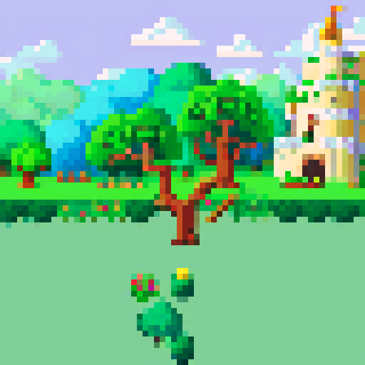 Pixel background. The side view game is similar to terraria. The scene begins in a cozy green clearing in the "Bone Kingdom",. The sun shines brightly in the sky, creating a warm and friendly atmosphere. Beautiful trees and flowers are visible around the clearing, and in the background you can see the majestic "Bone Castle".