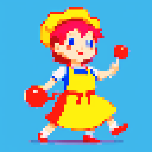 Cute, vibrant, playful chef, apron, juggling utensils, action shot, pixel art, colorful, no background just the character, sRGB