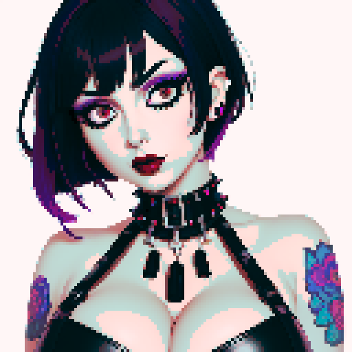 curvy, cute busty goth woman's face, whole head portrait, black hair, purple eyeshadow, red lipstick, low cut black studded leather halter top, studded collar, vibrant sRGB colors, edgy aesthetic. 