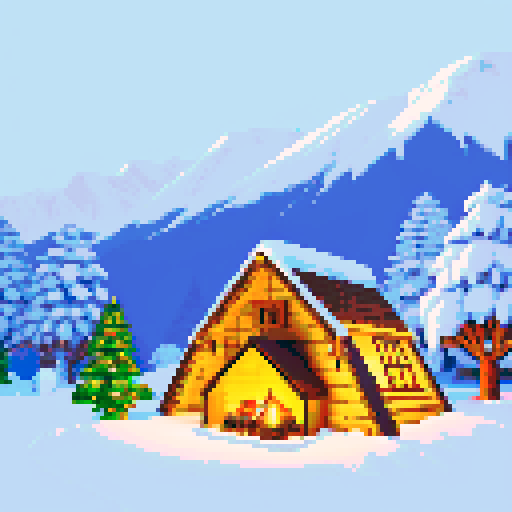 tiny snowy mountain range town, igloo, cabin, cozy fire, daytime, winter trees, pixel art, sRGB