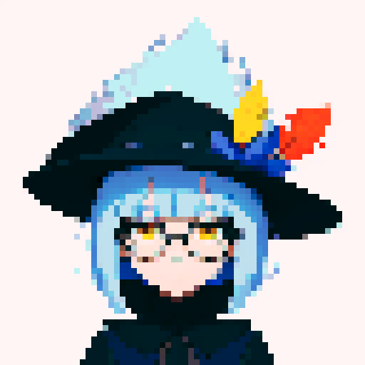 male, symmetrical face, closed mouth, yellow eyes, hair between eyes, solo male, straight-on, facing viewer, light blue hair, bob cut, white pupils, tsurime, pepekekeko, long bangs, flowing sleeves, capelet, perfect anatomy, blunt bangs, intricate details, witch hat, feather, glasses, pixel art, sRGB