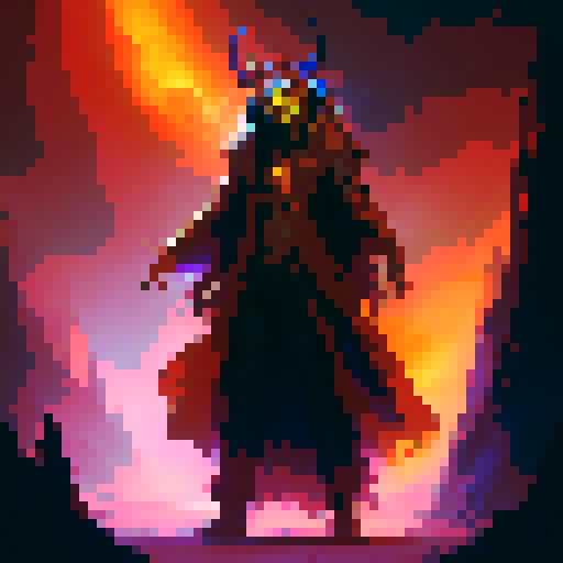 "Create a dynamic image of a flamboyant red mage casting a spell, with swirling purple and orange energy emanating from their outstretched hand, set against a dark and ominous background reminiscent of a gothic cathedral stained glass window."