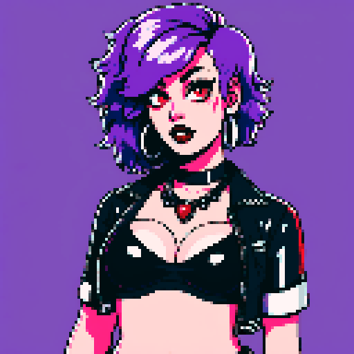 curvy, cute, busty greaser goth girl, with purple hair, black eyeshadow, red lipstick. Very busty wearing bikini, studded collar. Posing in a sexy seductive glamour shot, whole head portrait, avatar photo. vibrant sRGB colors, pixel art, edgy aesthetic