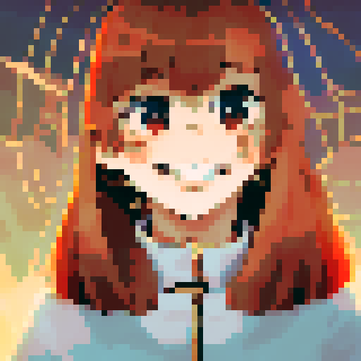 Brown and red-haired girl with a beaming smile framed by billowing blue curtains, captured in a character portrait with close-up details and an anime style, rendered in pixel art
