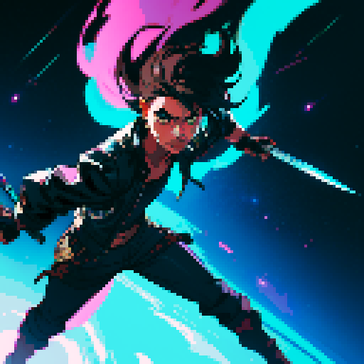 male character, dual-wielding knives, space pirate, leather jacket, vibrant colors, retro video game style, pixelated details, starry background, spaceship in the distance, intense action, dynamic poses