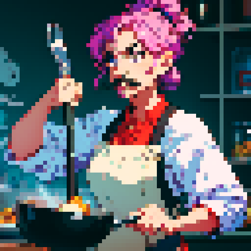 cooking chef with moustache, frying pan in hand, pixel art, vibrant sRGB colors
