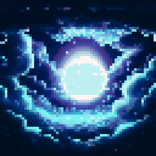 white, glowing, magical, electric orb floating in space, wide image, sRGB, pixel art, background, landscape