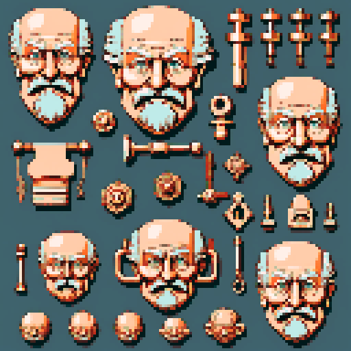 Mechanical pieces for a wall-mounted copper mechanical old man's face. It should have a big mustache and be reminicient of a door knocker's face. It should be seen as if on a wall, with no perspective, on a solid-color background.