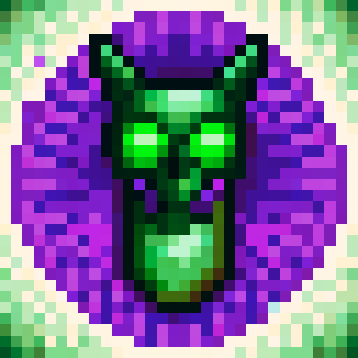 Skull with sharp teeth and glowing green eyes, surrounded by purple mist and vines, rendered in pixel art with intricate details and shadows