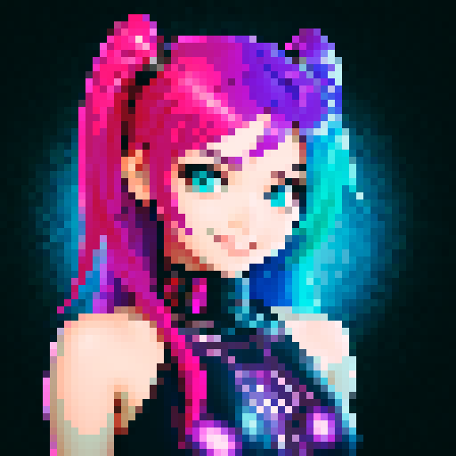 cute girl with vibrant hair, expressive eyes, and a playful smile, with a metallic cyberpunk scorpion tail as weapon, two head style