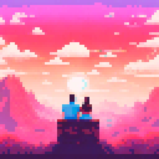 couple sitting against the scenery,a sunny day,pixel art