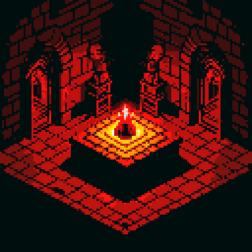 Pixel art flames flickering on a blood-red, cracked, stone floor, with eerie shadows dancing under dim, flickering torchlight in Satan's lair