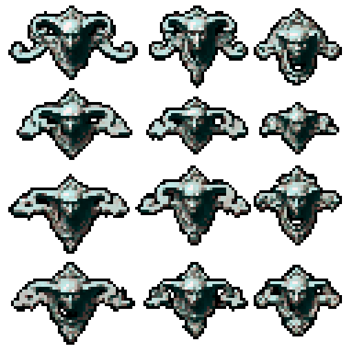 Mechanical pieces from old door knocker and gargoyles. It should be seen as if on a wall, with no perspective, on a solid-color background. There should one be two or three pieces in each frame, it shouldn't be complete.