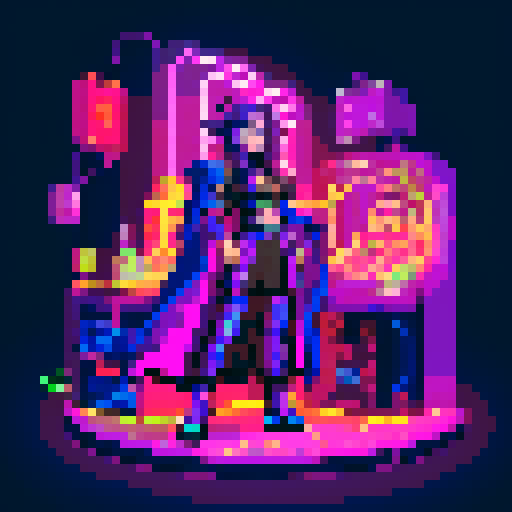 magic mage cyberpunk girl with vibrant purple hair, glowing tattoos, and a flowing cloak, surrounded by holographic neon signs and futuristic market stalls, all rendered in pixel art with a vivid sRGB color palette