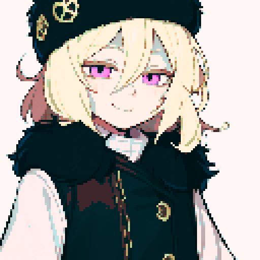 Solo male with perfect anatomy, straight-on, inframe, facing viewer, with round pupils, light blonde hair between eyes, wearing an ushanka hat with a black fur collar, a black vest, puffy sleeves, and black elbow gloves, his light pink eyes looking at the viewer, smile, in a pixel art style with sRGB colors, half closed eyes, best quality, stylised chibi,