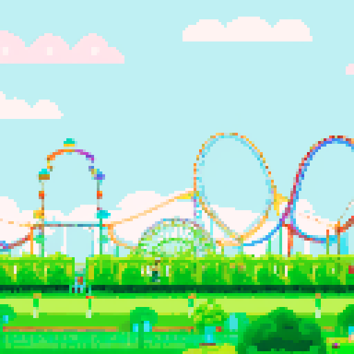 Amusement park, vibrant roller coasters, whimsical carousels, towering ferris wheels, vibrant colors, pixel art