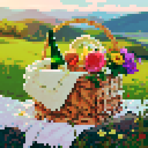 picnic basket with cloth, bouguet and green glass bottle inside
