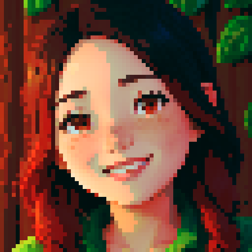 stardew valley-inspired, asian woman, pixel art, sRGB, vibrant colors, rustic backdrop,  dark hair with red streaks, glowing skin, gentle smile, freckles, rosy cheeks