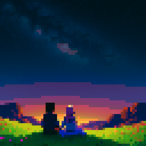 A serene, pixel-art cover image in Stardew Valley-inspired anime style. The main character sits on a grassy hill at night, silhouetted against a vast, star-filled sky. Beside him, the ghostly figure of his sister kneels, wrapping her arms around him in a comforting embrace. Both are gazing at a glowing, incomplete constellation of seven stars that dominates the sky, shimmering with mystical light. The hill is simple, dotted with faint wildflowers, while the stars and the celestial atmosphere are