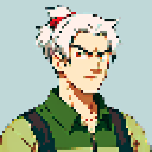 Tank driver, anime style, male, grey hair, short ponytail, pixel art, sRGB