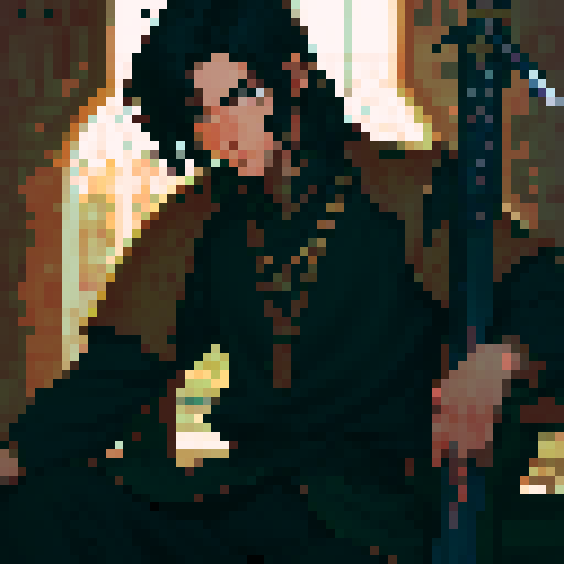 Young man with neck length black hair. Sword at his side. Medieval fantasy.