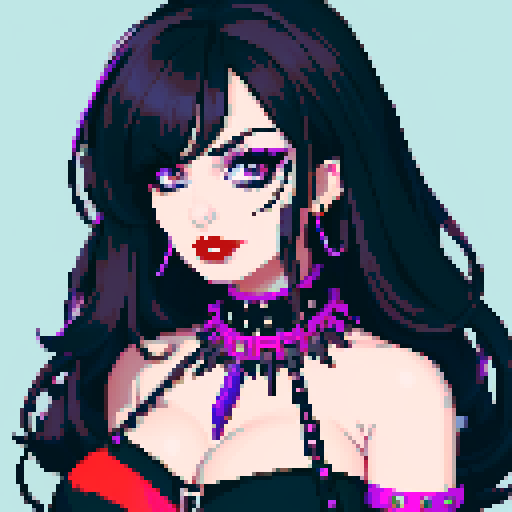 curvy, cute busty goth woman's face, whole head portrait, black hair, purple eyeshadow, red lipstick, low cut black halter top, studded collar, vibrant sRGB colors, pixel art, edgy aesthetic.