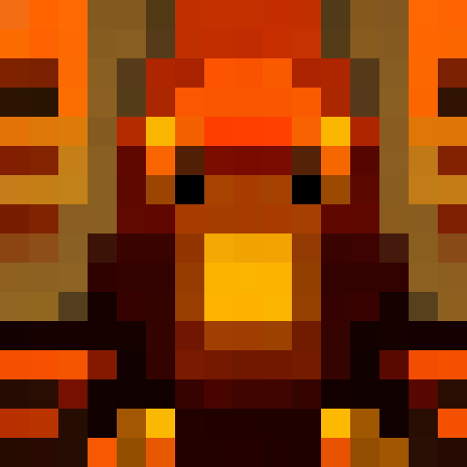 flaming red and orange hues, pixelated flame flickering, 16x16 game icon, close up of a fiery portrait