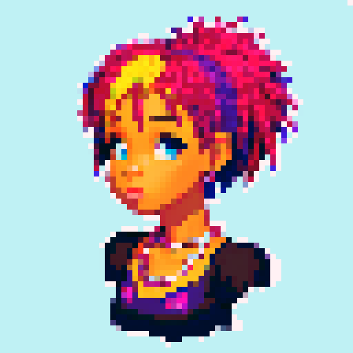 portrait, sprite art, eccentric young woman, african american, hip