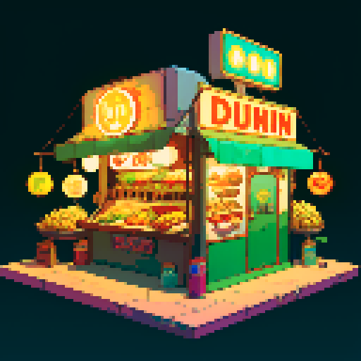 Isometric food stall, retro-futuristic style. Large neon sign on top that says “DURIAN”. Has a large durian fruit on top of the stall. Set at night. 