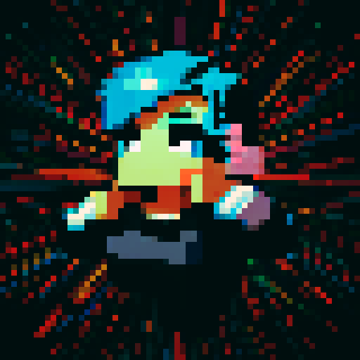 8-bit style portrait with vibrant, retro colors, showcasing a pixelated character in a dynamic pose against a black background, reminiscent of classic video games