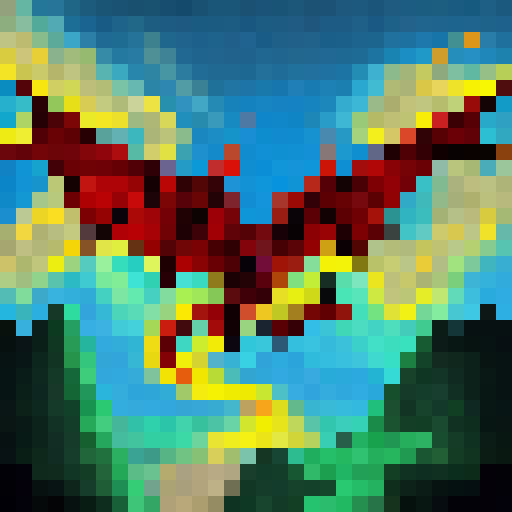A fiery, winged dragon clashes with a stormy, lightning-filled sky over a mountainous landscape in pixel art reminiscent of classic video games.