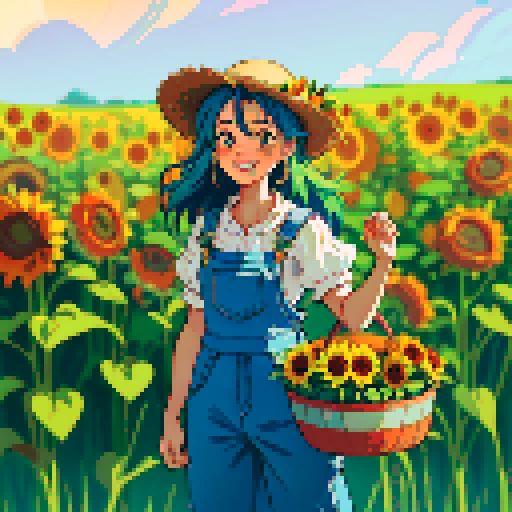 happy, quaint male farmer in pixel art style, surrounded by vibrant green fields, wearing worn-out denim overalls and a straw hat, holding a basket full of freshly harvested carrots and a bouquet of sunflowers, with a content smile on his face, standing next to a rustic wooden cart filled with colorful fruits and vegetables