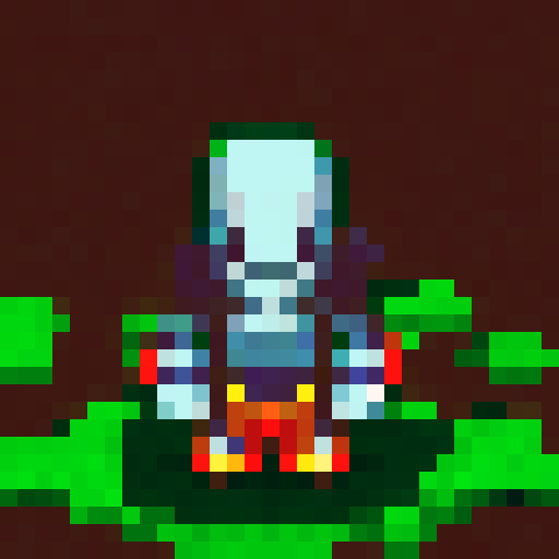 Skeleton warrior sprite holding a glowing sword, standing on a mossy stone platform surrounded by bubbling lava and ominous shadows