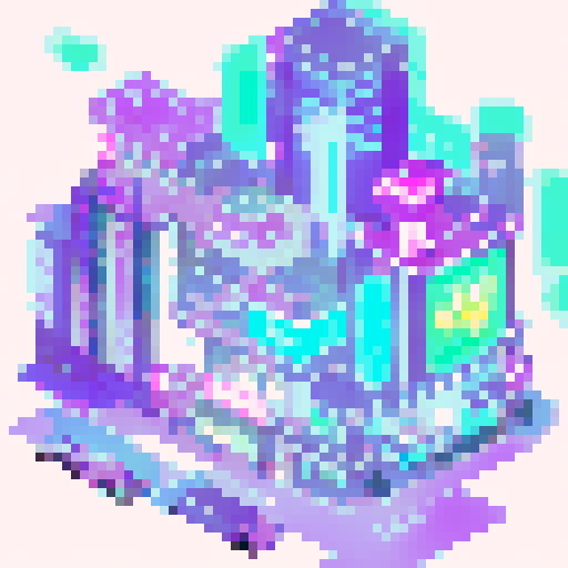 A purple-haired, robotic cat with glowing eyes stands on a neon-lit street corner surrounded by towering skyscrapers and flickering holographic billboards, while a group of teenagers in futuristic streetwear look on in awe