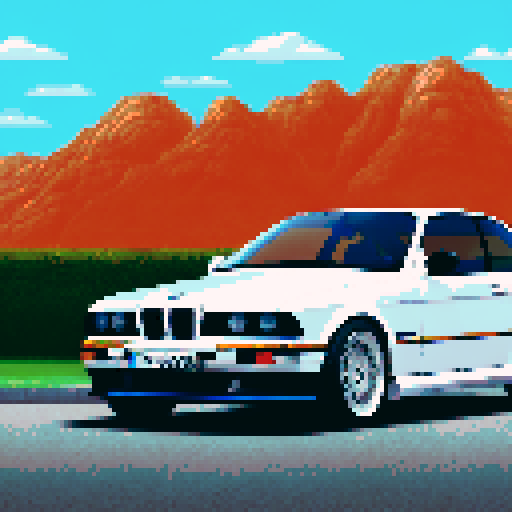 Photorealistic, centered BMW e36 series in a three quarter view, right wheel in front, clean background, pixel art style with sRGB colors

