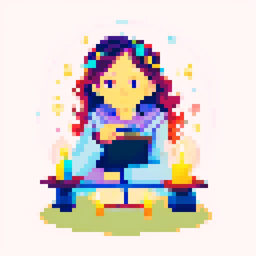 Colorful Illustration of a charming young witch with a boho vibe, reading a crystal ball, viewed from the client's perspective, mystical atmosphere with candles and herbs